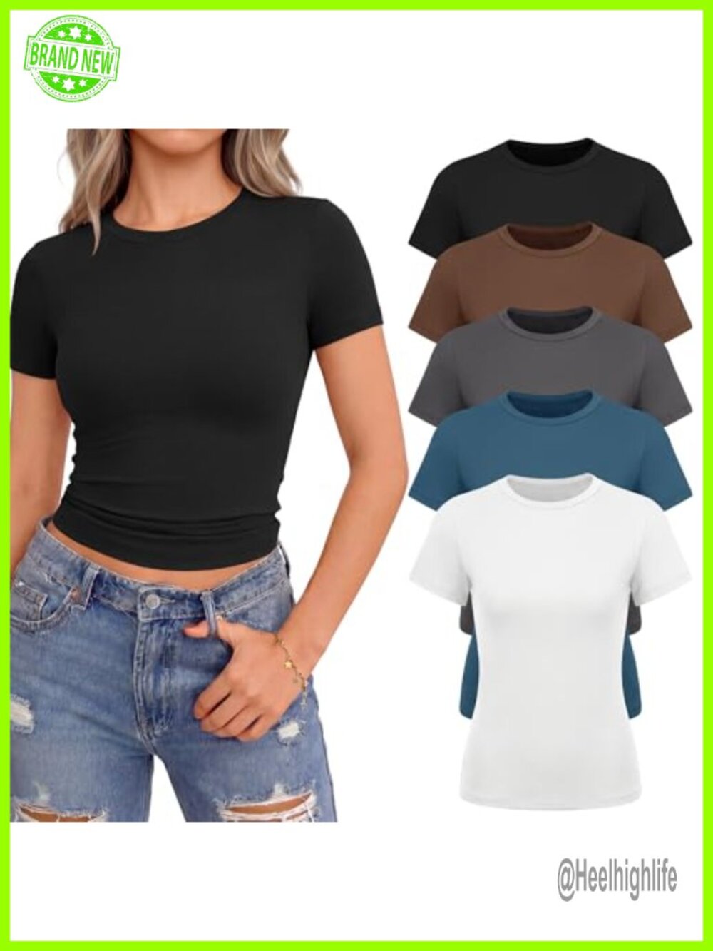 5 Pack Women's Short Sleeve Crop Tops Fitted Basic Tee Slim Fit Crew Neck